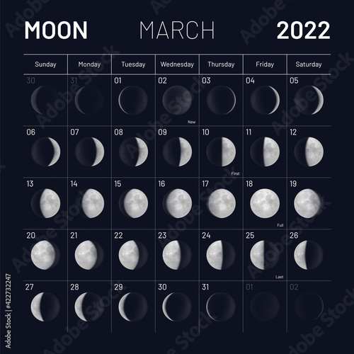 March moon phases calendar on dark night sky. Month cycle planner, astrology schedule template, lunar phases banner, poster, card design vector illustration with realistic moons