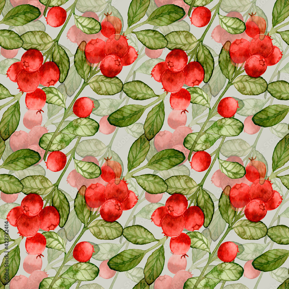 Fototapeta premium Seamless pattern with watercolor lingonberries. Red forest berries.