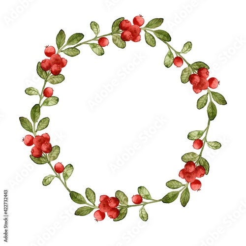 Watercolor wreath with lingonberry isolated on a white background. Berry frame. Forest red berries. Framing.