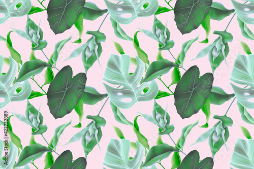 Colorful Seamless Pattern with tropic flowers and leaves. Hi quality fashion design. Fresh and unique botanical background