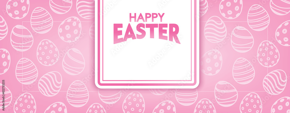Pink Happy Easter Banner with Eggs Pattern. Easter Day background Vector illustration.