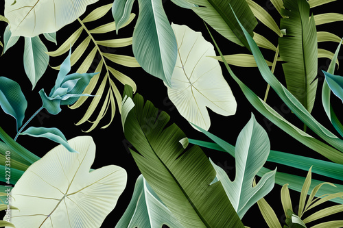 Colourful Seamless Pattern with tropic flowers and leaves. Hi quality fashion design. Fresh and unique botanical background © Natalia @themishaart