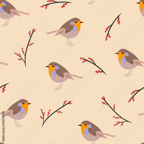 seamless pattern with Robin bird and hawthorn