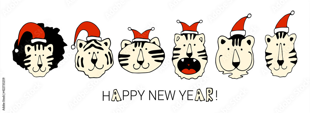 Border of cute Christmas tigers. Vector illustration.Wild animal. Symbol of 2022. Cute animal character idea for child and kid printable stuff and t shirt, greeting card, nursery wall art, postcard Border of cute Christmas tigers. Vector illustration.Wild animal. Symbol of 2022. Cute animal character idea for child and kid printable stuff and t shirt, greeting card, nursery wall art, postcard