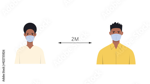 People wearing medical masks maintain social distance. Social distancing. Coronavirus concept. Vector illustration in flat style