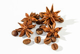 star anise and sticks, anise and cinnamon, star anise isolated on white background