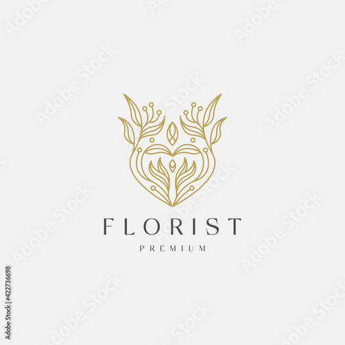 Luxurious Floral with line style logo icon design template. Flower, florist, nature, leaf, beauty, spa, cosmetic, yoga, gradient flat modern vector illustration