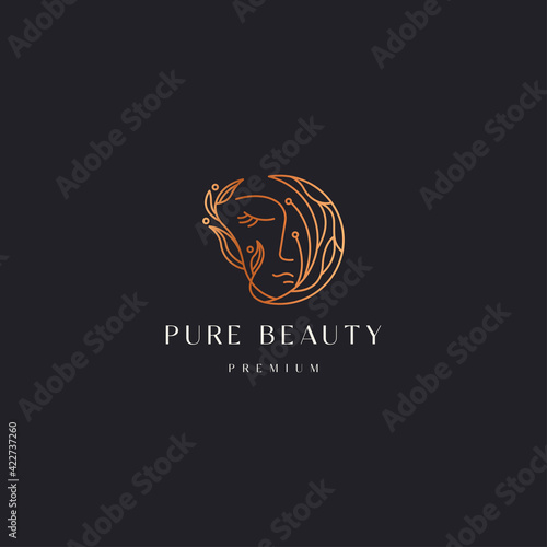 Moon woman floral gradient line style logo icon design template. Elegant, luxury, beauty, cosmetic product, spa, flat modern vector illustration