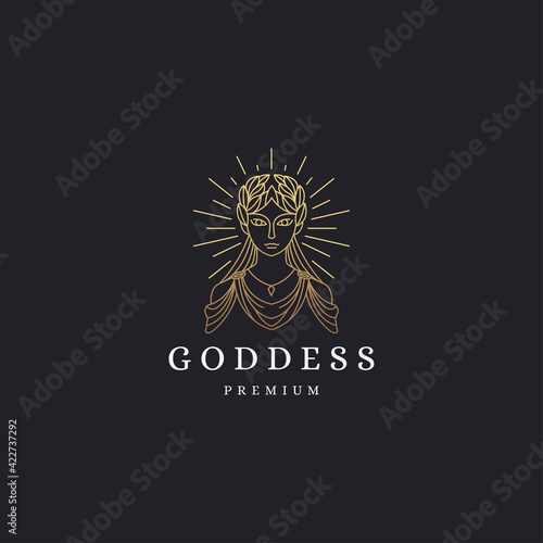 Luxurious greek goddess woman with line style logo icon design template. Demeter, Persephone, hera aphrodite, hestia, flat modern vector illustration
