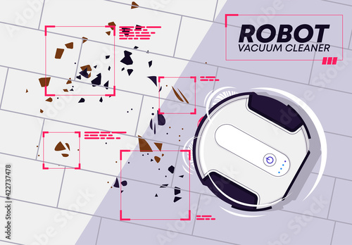 Vector illustration of a round robot vacuum cleaner, top view, clean up the garbage on the floor using an autonomous robot vacuum cleaner