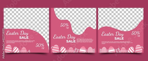 Easter social media post template design. Modern banner design with egg illustration and place for the photo. Suitable for social media post, flyers, cards. and web internet.