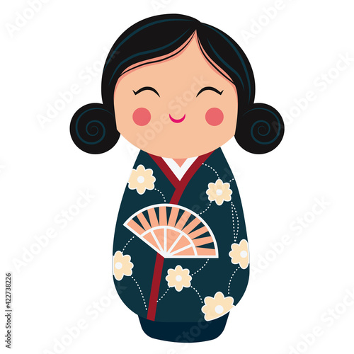 Cute japanese kokeshi doll character. Cartoon vector illustration