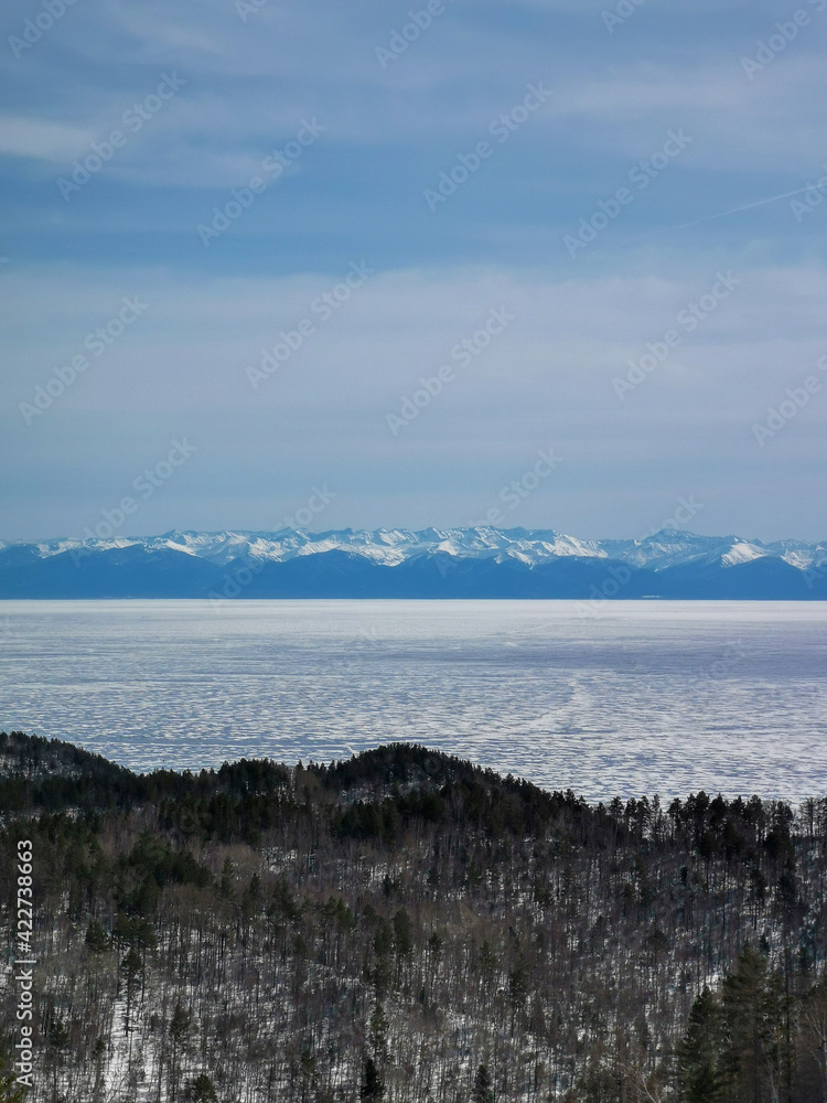 view of Lake Baikal and mountains in winter