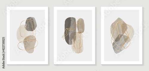 Abstract art background vector. Modern gold shape line art wallpaper.  Minimalist hand painted illustrations with watercolor stain texture for home deco, wall art, Social media story background.