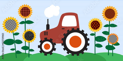 ..Tractor in a sunflower field. Farmhouse Decor. Vector illustration . Harvest Time. Seasonal design. Cartoon style..