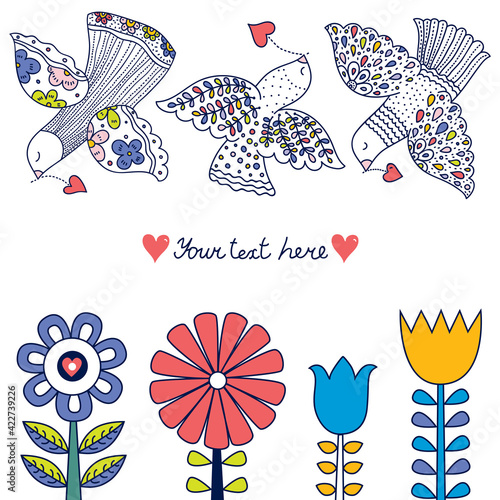 Linear flowers and birds in Scandinavian style. Summer motive. Greeting card.
