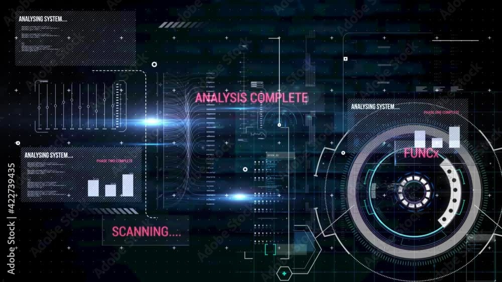 Digital animation of digital interface with data processing against black background Digital animation of digital interface with data processing against black background
