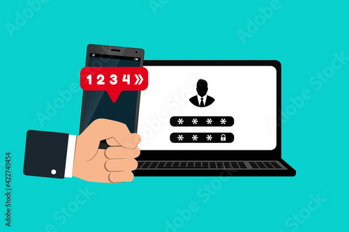 Two Factor Or Multi Factor Authentication Concept - Smartphone And Laptop Vector Illustrations - Isolated On Monochrome Background