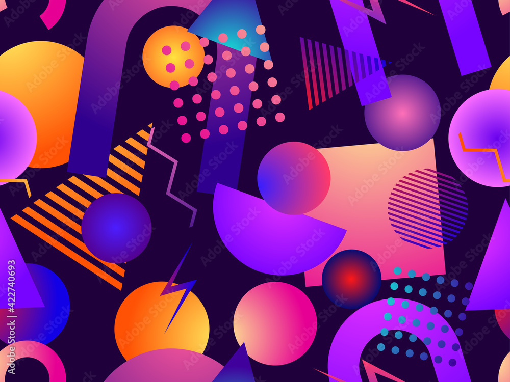 Gradient geometric seamless pattern in 80s style with memphis elements. Synthwave retro background. Retrowave. Background for printing on paper, advertising materials and fabric. Vector illustration Gradient geometric seamless pattern in 80s style with memphis elements. Synthwave retro background. Retrowave. Background for printing on paper, advertising materials and fabric. Vector illustration