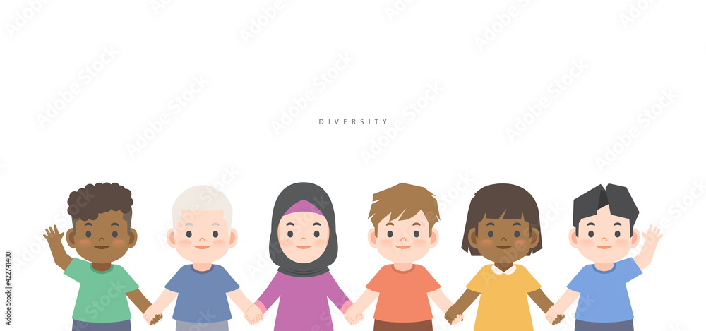 A group of diversity kids (White, Black, African, Asian, Arabic, Albino) cute character cartoon holding hand together illustration vector on white background and space for texting. Ethnic diversity A group of diversity kids (White, Black, African, Asian, Arabic, Albino) cute character cartoon holding hand together illustration vector on white background and space for texting. Ethnic diversity