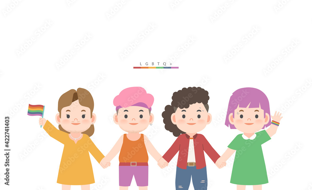 A group of LGBTQ people (lesbian, gay, bisexual, transgender, queer) cute character cartoon holding hand together illustration vector on white background and space for texting. LGBT community. LGBTQ.