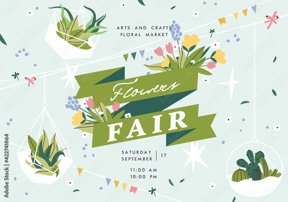 Flower show announcing poster template. Text customized for invitation to event. Garden party layout with fancy flowers in folk painting style. Vector illustration. Flower show announcing poster template. Text customized for invitation to event. Garden party layout with fancy flowers in folk painting style. Vector illustration.