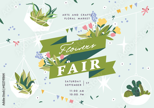 Flower show announcing poster template. Text customized for invitation to event. Garden party layout with fancy flowers in folk painting style. Vector illustration.