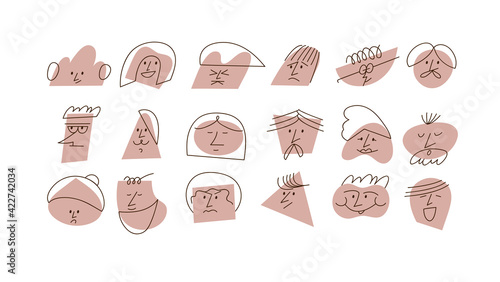 Vector illustration contemporary abstract faces with different emotions. Different colorful characters. Social media story highlight.