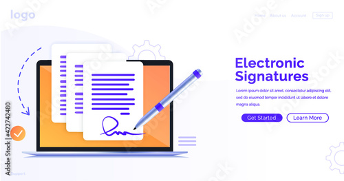 Electronic contract or digital signature concept in vector illustration. Signing an electronic contract online. Website template or web page layout. The working process. 