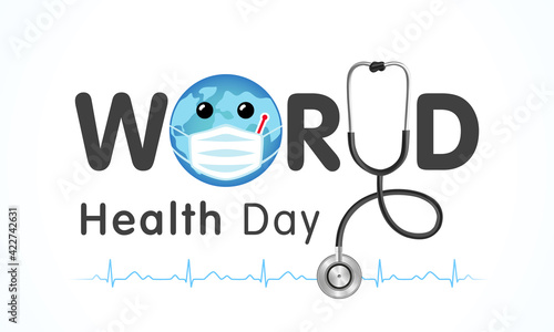World Health Day earth in medical mask and text. Medical Health Day poster design with planet earth, stethoscope, heartbeat and lettering for celebration of April 7 holiday. Vector illustration