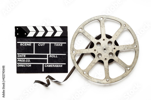 Fotografie, Tablou Movie film reel with clapperboard. Cinema concept