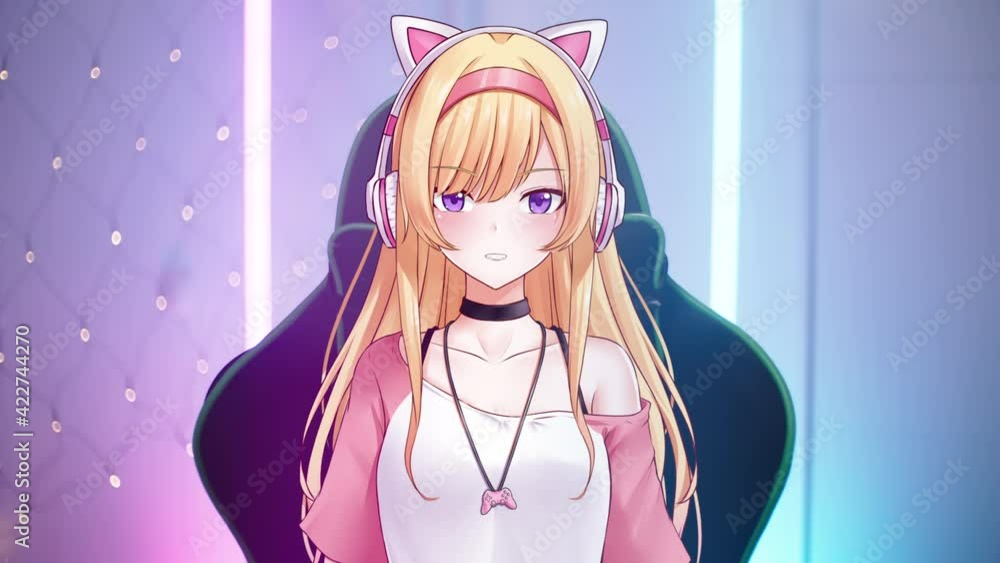 Cute anime girl vtuber on gaming chair interact with stream viewers 4K Cute anime girl vtuber on gaming chair interact with stream viewers 4K