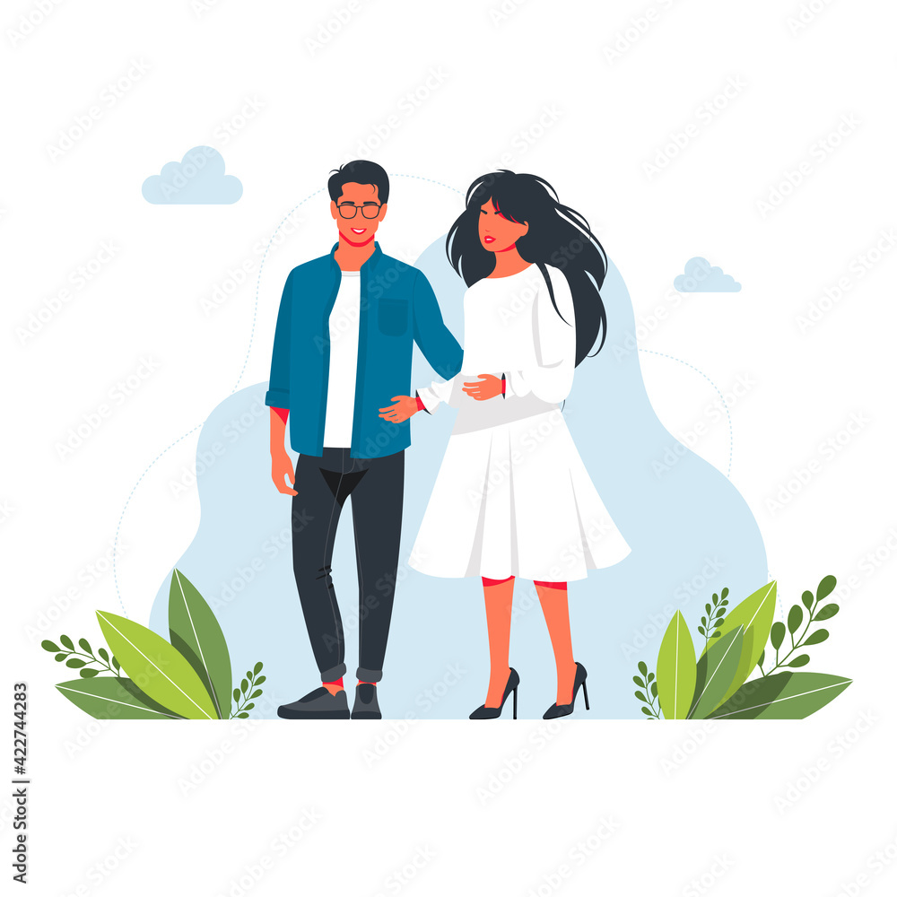 a man and a woman are standing together hugging Young romantic couple on a date. Woman, man are in love. Husband and wife family. Couple cuddling. Happy man and woman standing together having.Vector a man and a woman are standing together hugging Young romantic couple on a date. Woman, man are in love. Husband and wife family. Couple cuddling. Happy man and woman standing together having.Vector