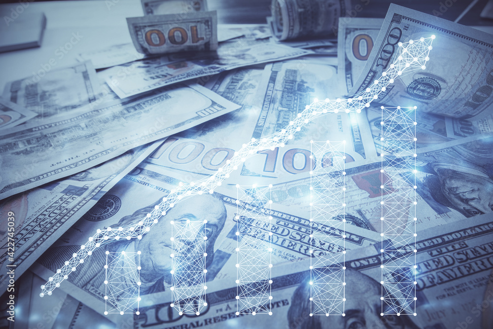 Fototapeta premium Multi exposure of forex chart drawing over us dollars bill background. Concept of financial success markets.