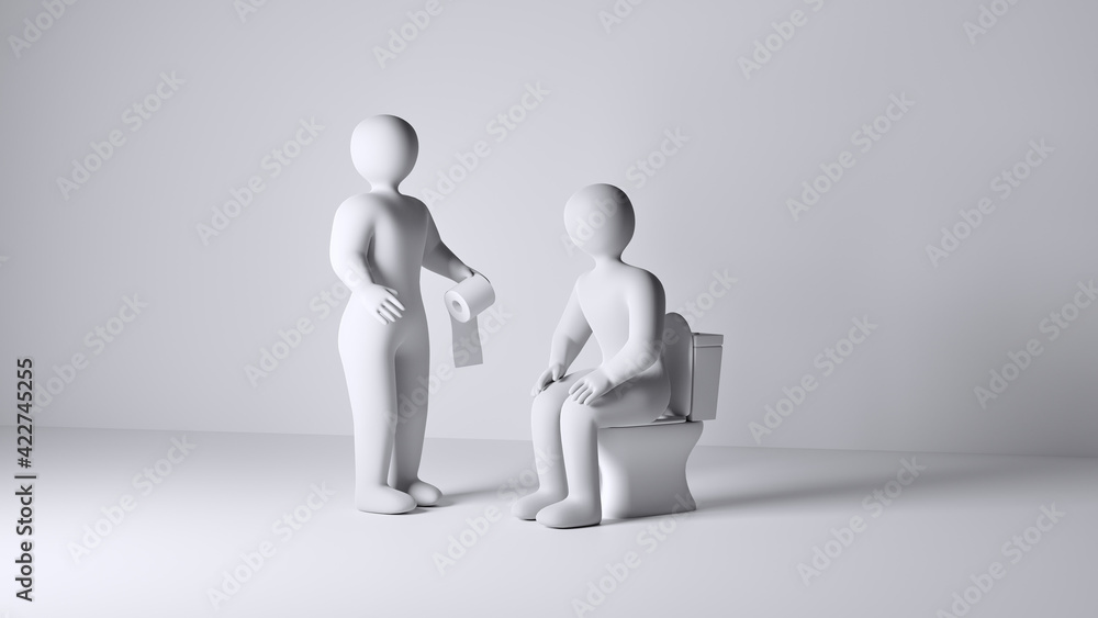Man helping his friend by bringing toilet paper. Man helping his friend by bringing toilet paper.
