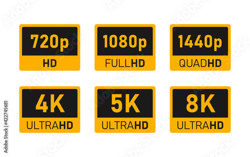 4K UHD, 5K, 8K, Quad HD, Full HD and HD video or screen resolution signs