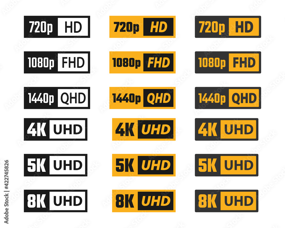 Vecteur Stock 4K UHD, 5K, 8K, Quad HD, Full HD and HD video or screen  resolution signs | Adobe Stock