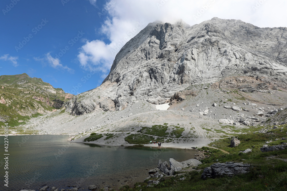 mountain panorama with the small Alpine lake called VOLAIA in th