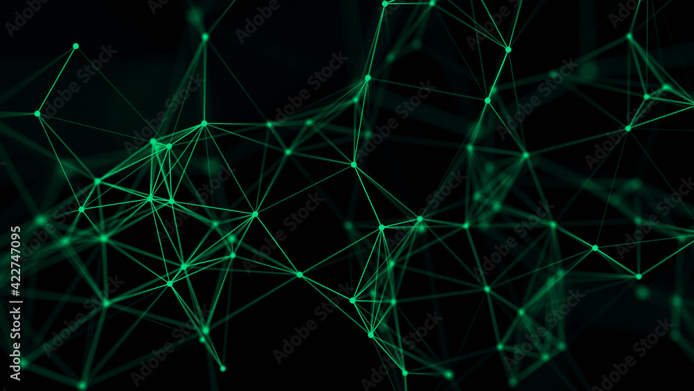 Abstract background with connecting dots and lines. Distribution of triangular shapes in space.High resolution. Big data visualization. 3D rendering.