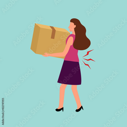 Low back pain concept vector illustration. Woman holding heavy boxes and suffering from backache. Bone or muscle problem.