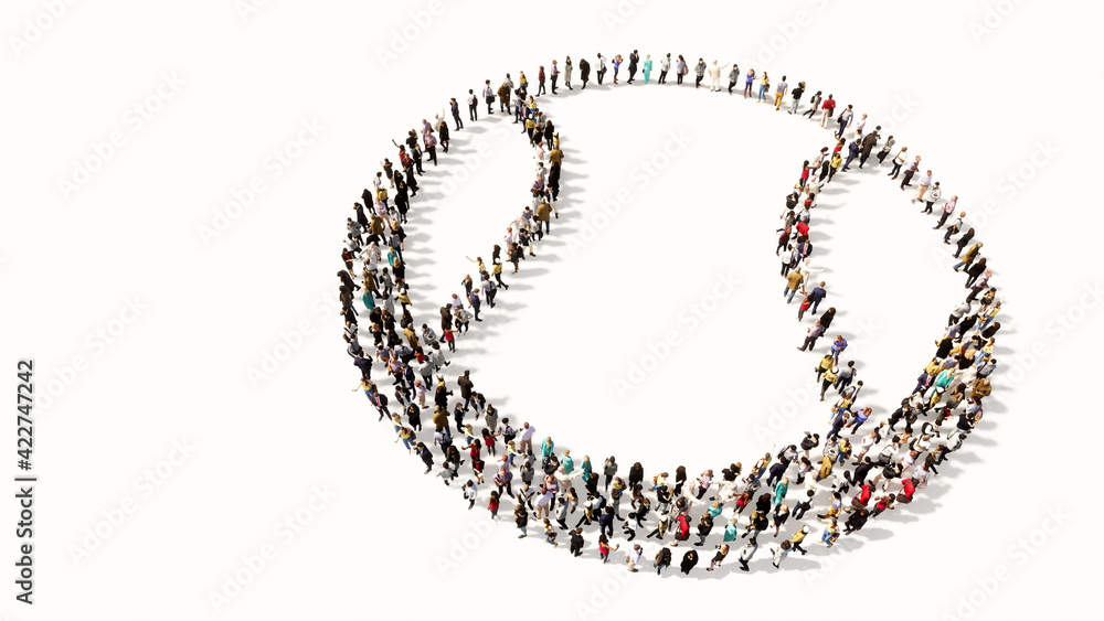Concept or conceptual large community of people as the image of a ball on white background. A 3d illustration metaphor for sport, basketball, tennis, competition and fun or helth Concept or conceptual large community of people as the image of a ball on white background. A 3d illustration metaphor for sport, basketball, tennis, competition and fun or helth