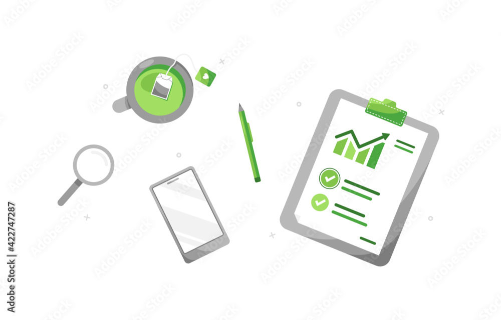 Clipboard with accounting report. Profit impact of marketing strategy. Checklist templates. Business employee workplace. Green. Eps 10 Clipboard with accounting report. Profit impact of marketing strategy. Checklist templates. Business employee workplace. Green. Eps 10