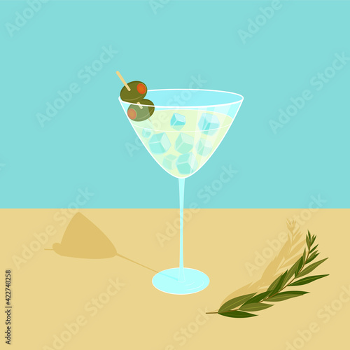 Cocktail with ice cubes on a blue background. Dry Martini. Vector.