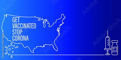 USA flag coronavirus vaccine bottle. COVID virus vaccine. vaccination, influenza prevention, vaccination concept. American flag background.