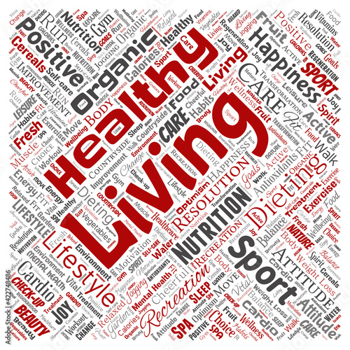 Vector conceptual healthy living positive nutrition sport square red word cloud isolated background. Collage of happiness care, organic, recreation workout, beauty, vital healthcare spa concept