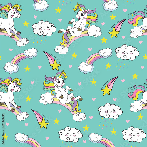 Seamless vector pattern with funny unicorns turquoise