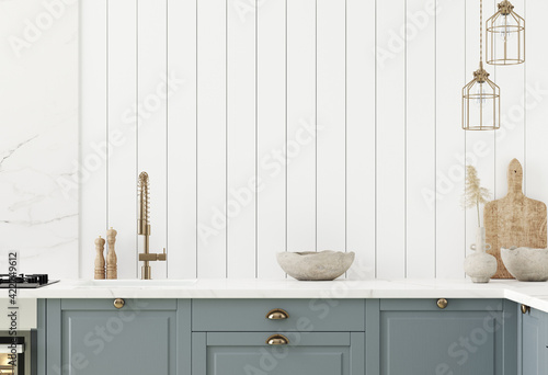 Wall mock up in kitchen interior background, Farmhouse style, 3d render photo