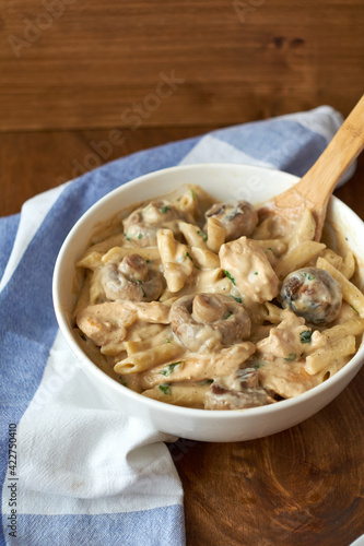 Pasta with mushrooms in a creamy sauce. Side view.