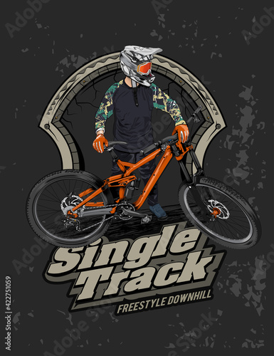 single track, illustration of a downhill bicycle athlete