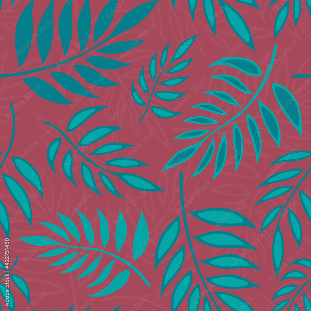 Seamless vector background with different fern leaves on red background. Vector illustration Seamless vector background with different fern leaves on red background. Vector illustration